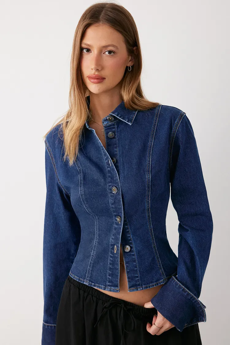 Women's Fitted Washed Denim Blouse