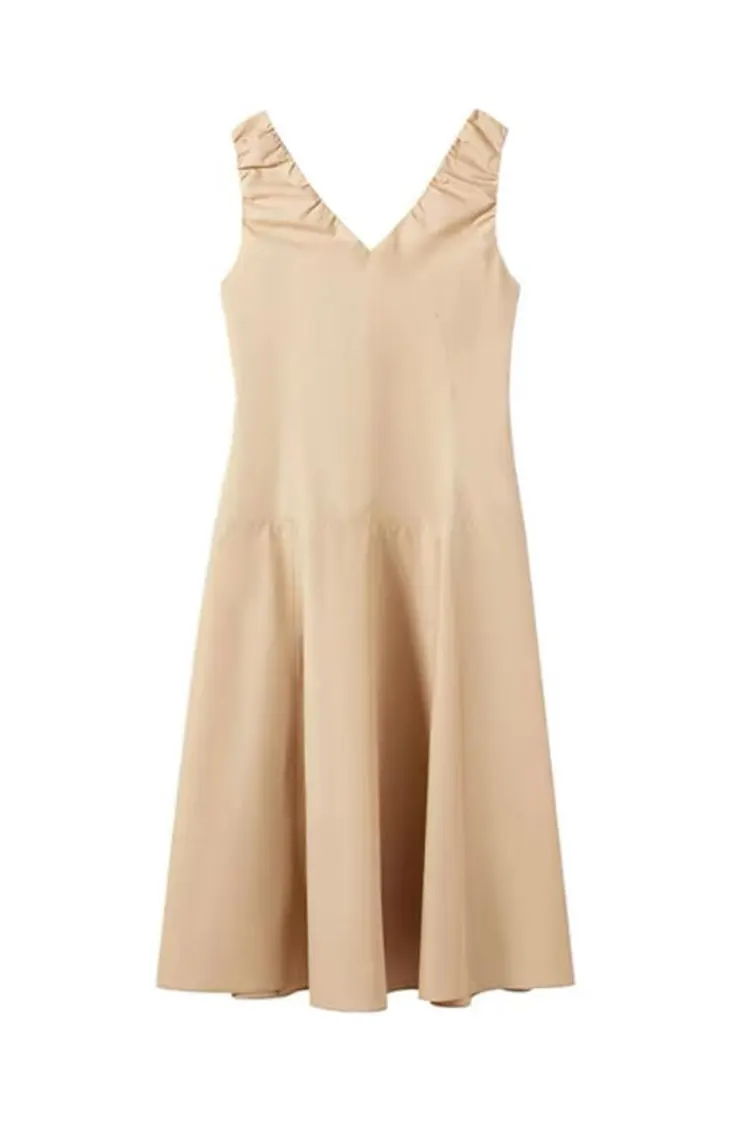 女性の新しいカーキ オフィス ノースリーブ V ネック ドレス